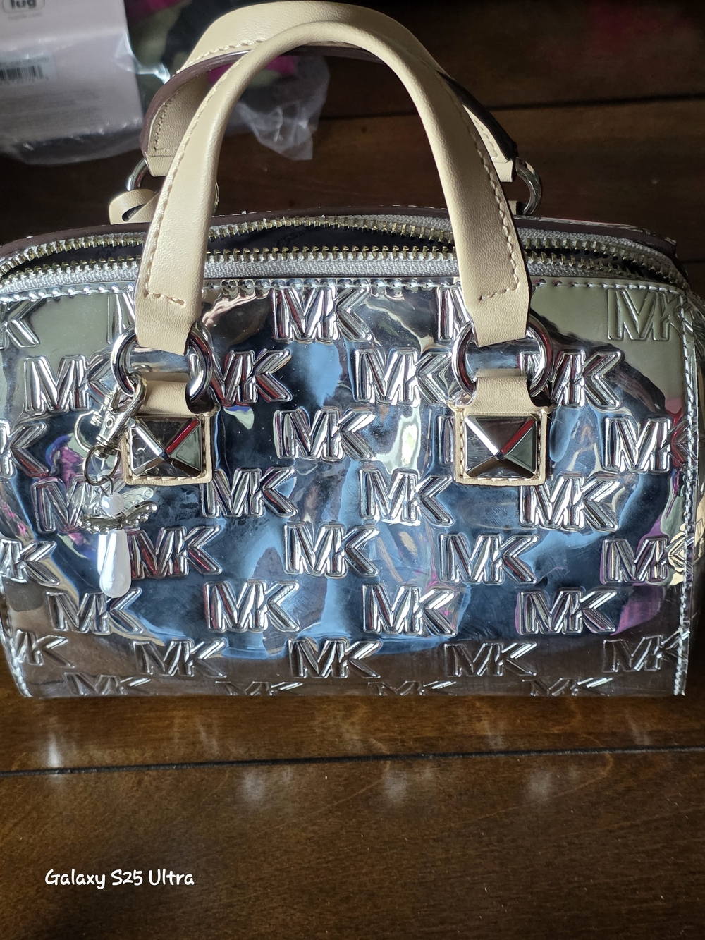 Michael Kors Silver Embossed MK Satchel with Cream Handles